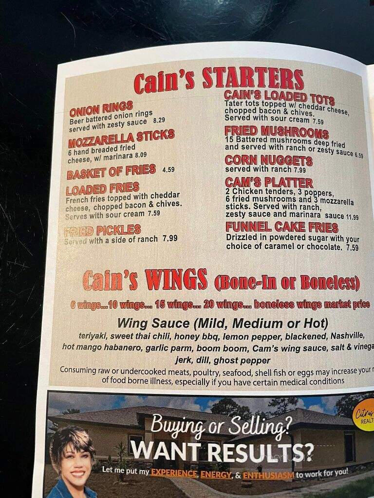 Just Winging It At Cain's - Homosassa, FL menu_pic