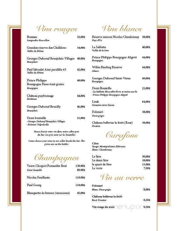 Restaurant a La Fontaine - Sutton, QC menu_pic