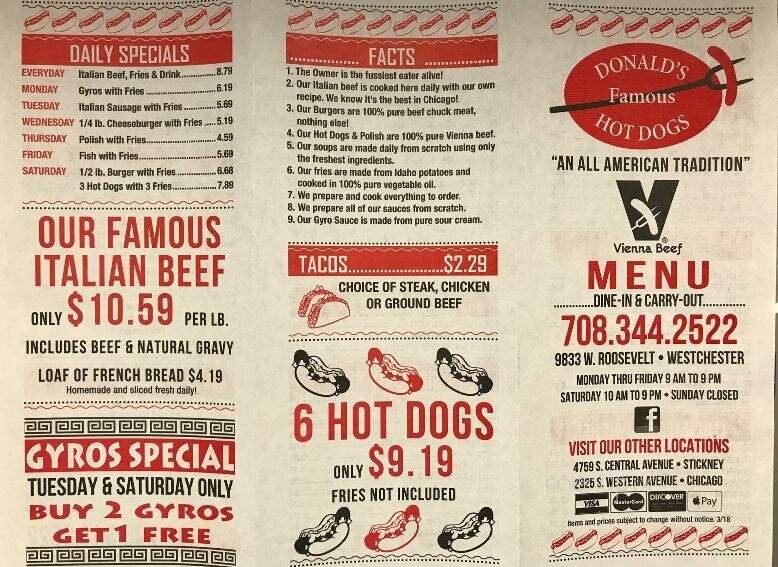 Donald's Famous Hotdogs - Westchester, IL menu_pic
