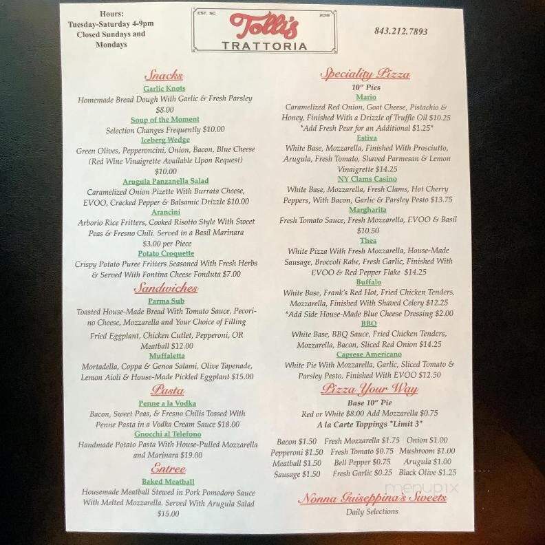 Tolli's Trattoria - Johns Island, SC menu_pic