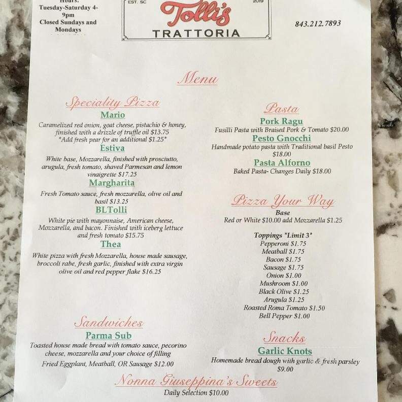 Tolli's Trattoria - Johns Island, SC menu_pic