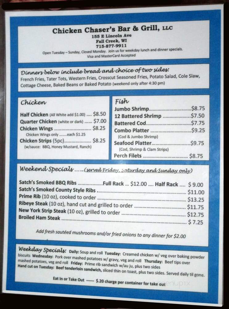 Chicken Chaser's Bar Incorporated - Fall Creek, WI menu_pic