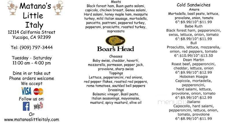 Matano's Little Italy - Yucaipa, CA menu_pic