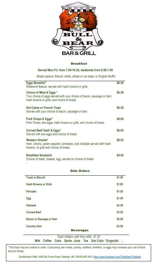 Bull & The Bear - Raleigh, NC menu_pic