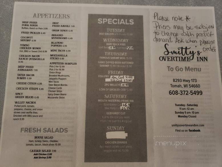 Smitty's Overtime Inn - Tomah, WI menu_pic