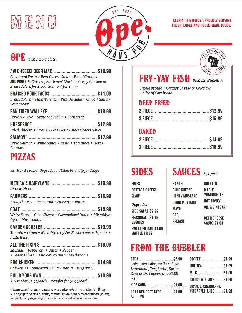 Ope Haus Pub - Barneveld, WI menu_pic