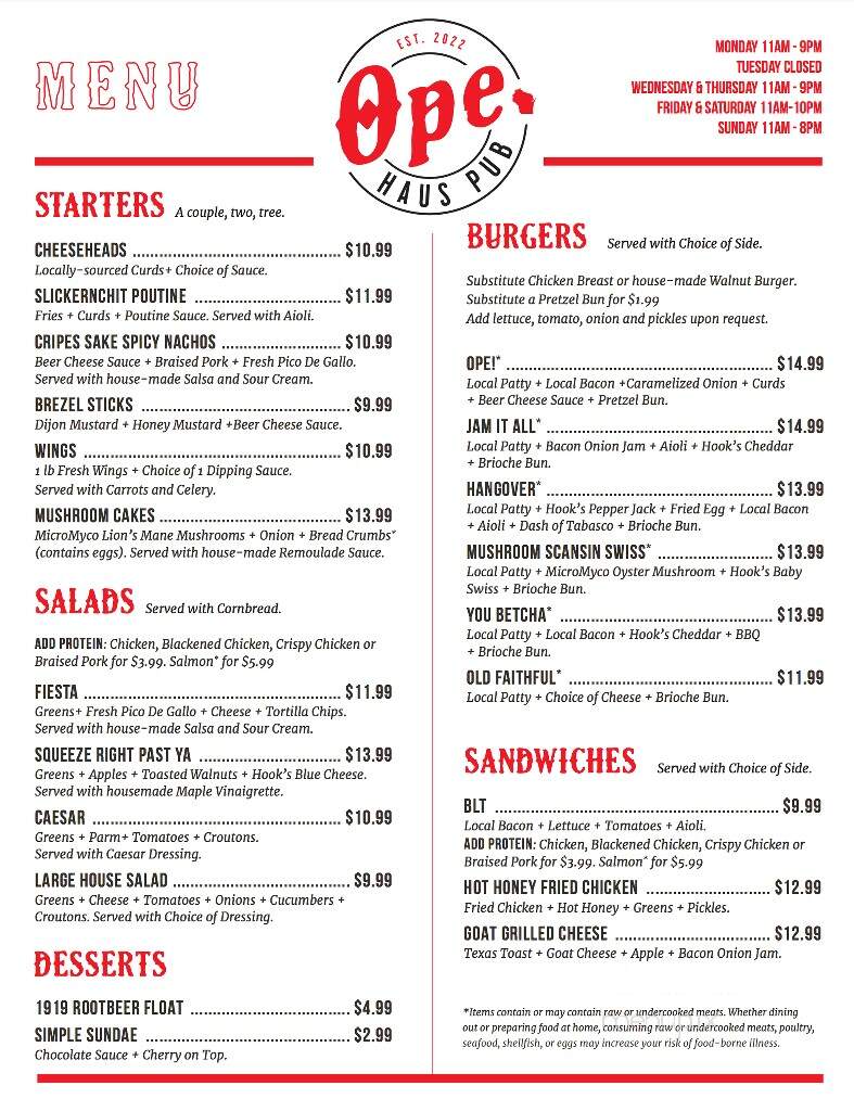 Ope Haus Pub - Barneveld, WI menu_pic