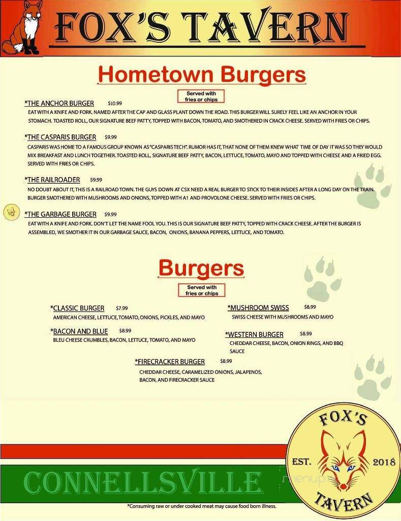 Fox's Tavern - Connellsville, PA menu_pic