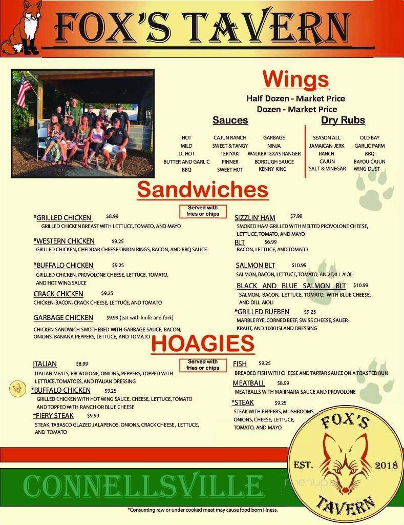 Fox's Tavern - Connellsville, PA menu_pic