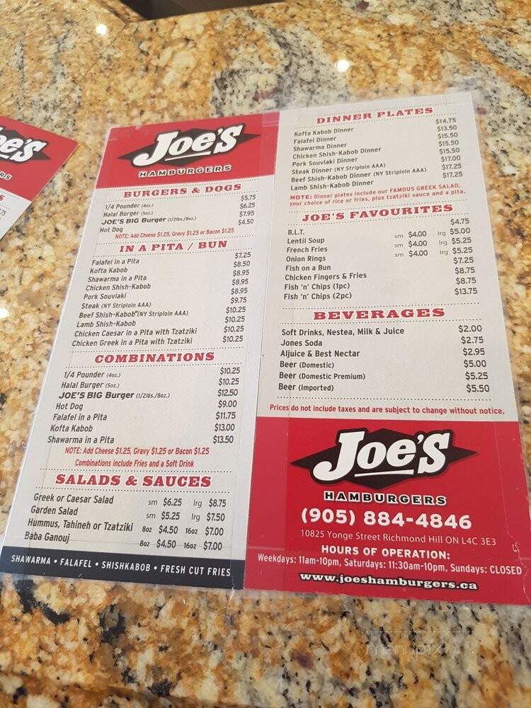 Joe's Hamburgers - Richmond Hill, ON menu_pic