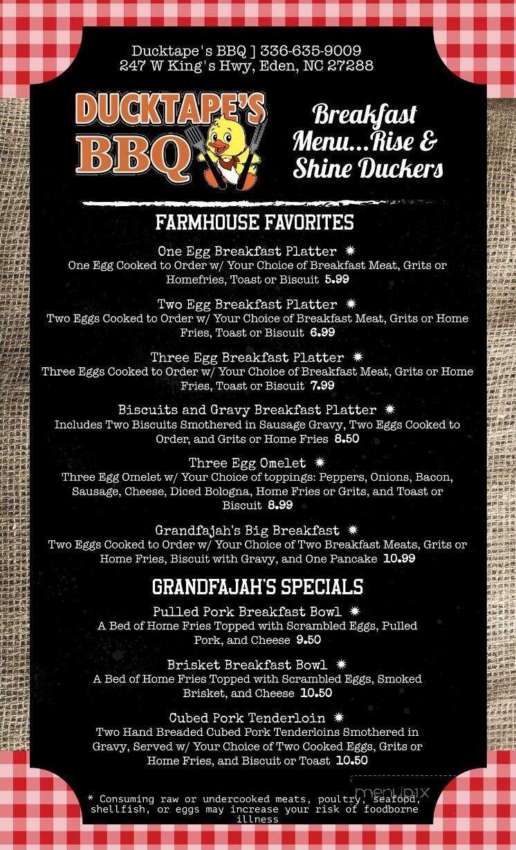Ducktape's BBQ - Eden, NC menu_pic