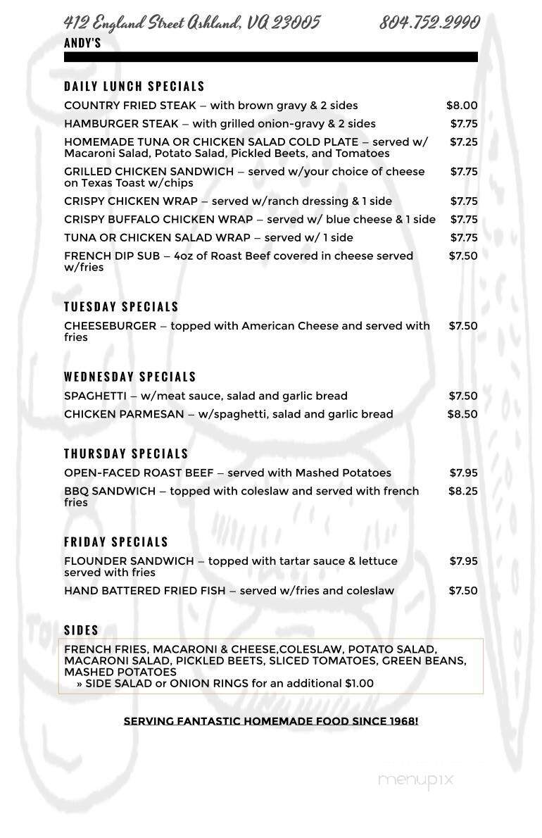 Andy's Restaurant - Ashland, VA menu_pic
