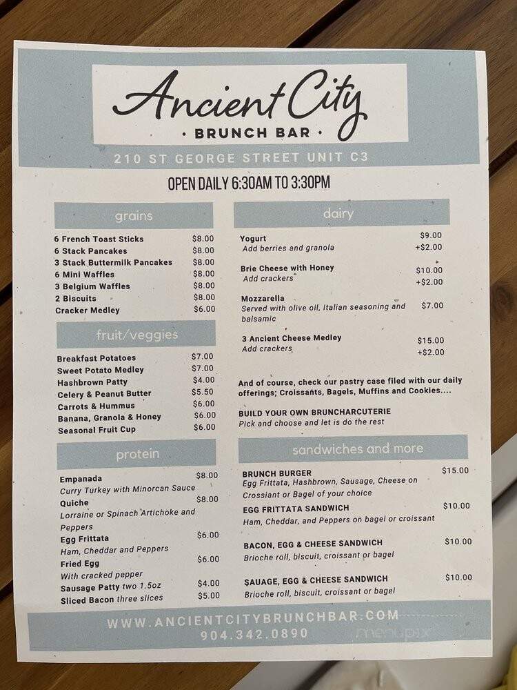 Ancient City Brunch Bar - St. Augustine, FL menu_pic