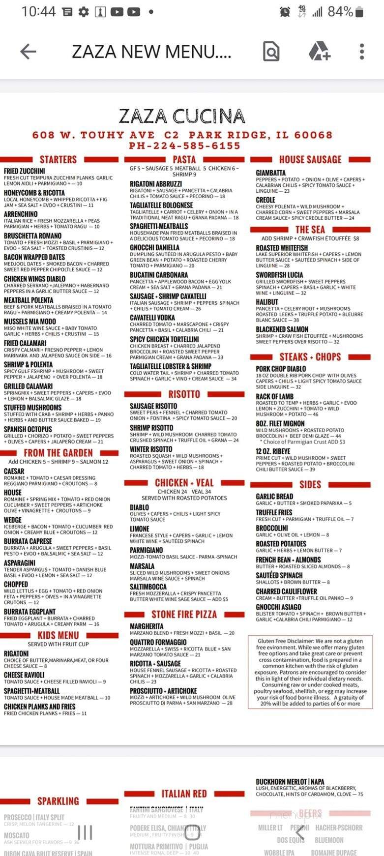 Zaza Cucina - Park Ridge, IL menu_pic