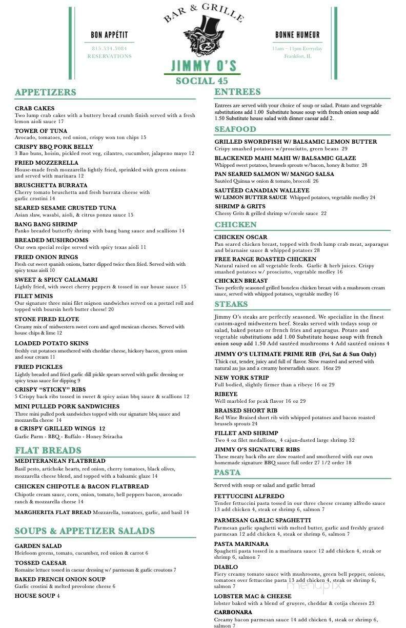 Jimmy O's Bar & Grille - Frankfort, IL menu_pic