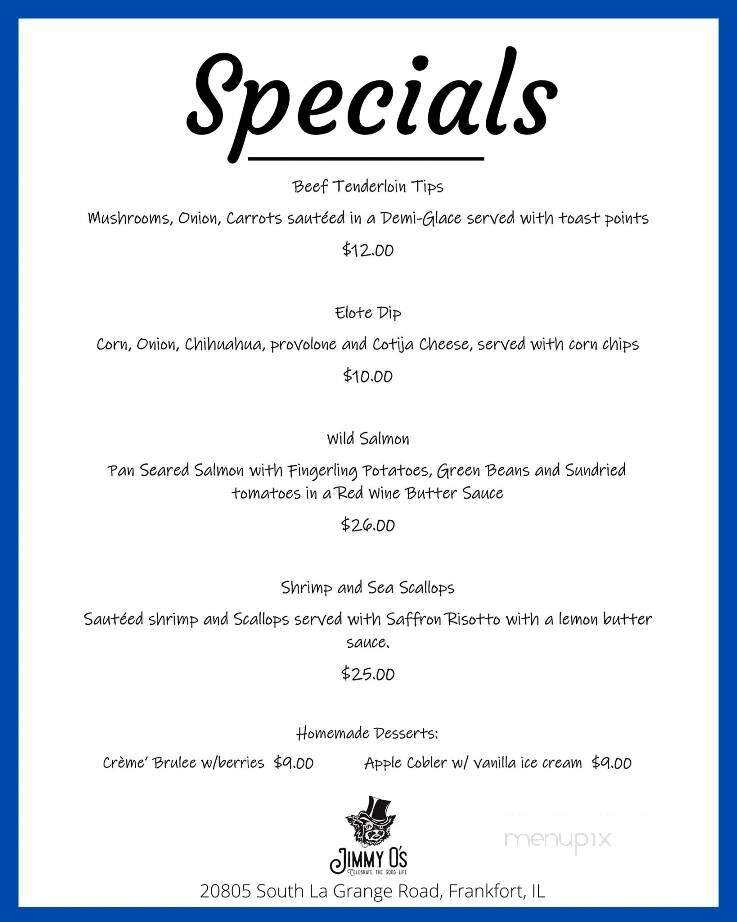 Jimmy O's Bar & Grille - Frankfort, IL menu_pic