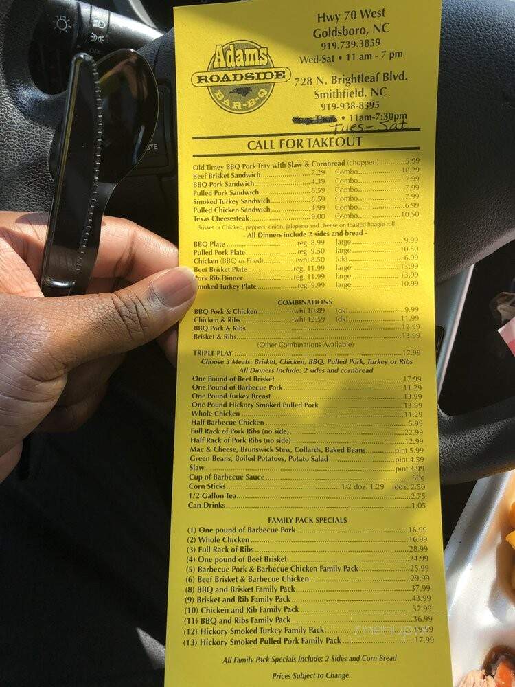 Adams Roadside Bar-B-Q - Goldsboro, NC menu_pic