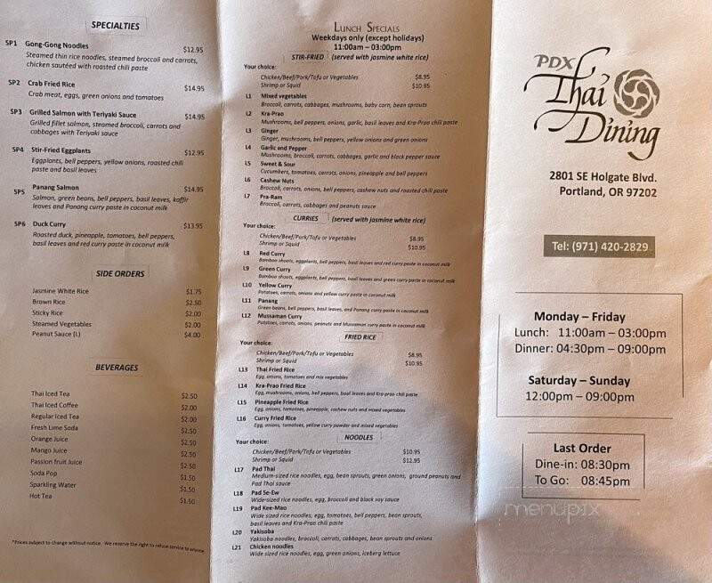 PDX Thai Dining - Portland, OR menu_pic