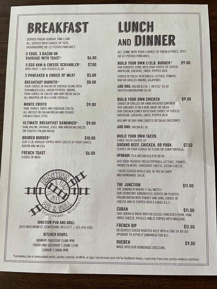 Junction Pub and Grill - Sturtevant, WI menu_pic