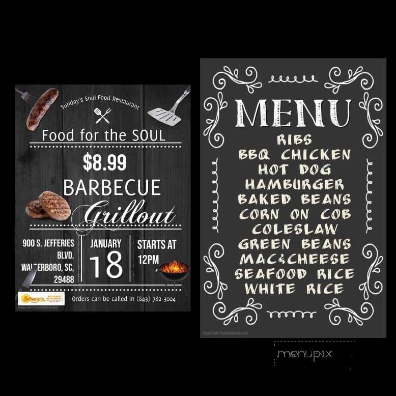 Sunday's Soul Food Restaurant - Walterboro, SC menu_pic