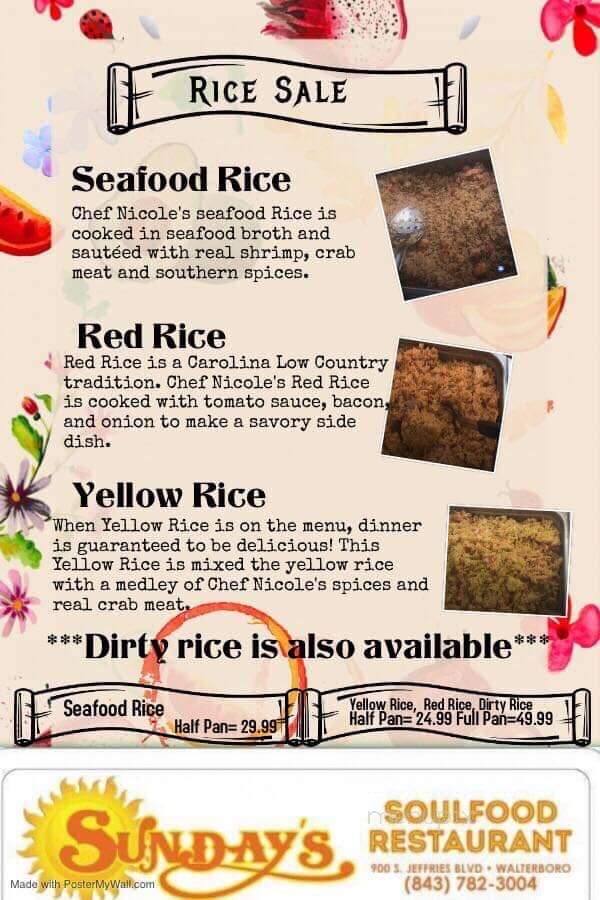Sunday's Soul Food Restaurant - Walterboro, SC menu_pic