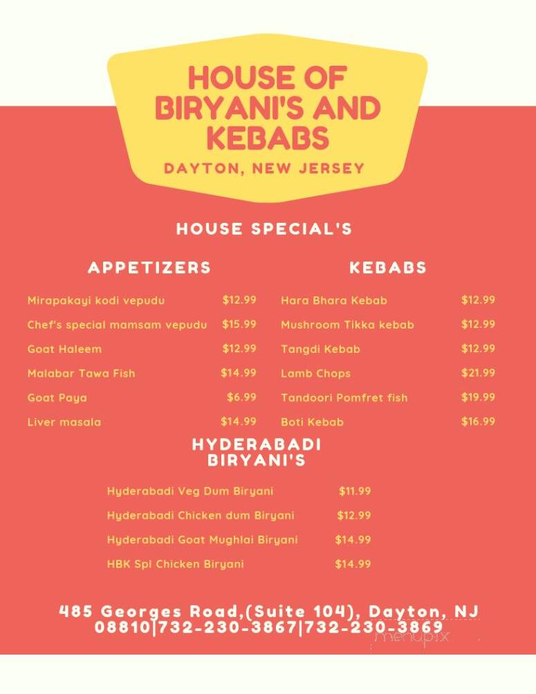 House of Biryani's and Kebabs - Dayton, NJ menu_pic