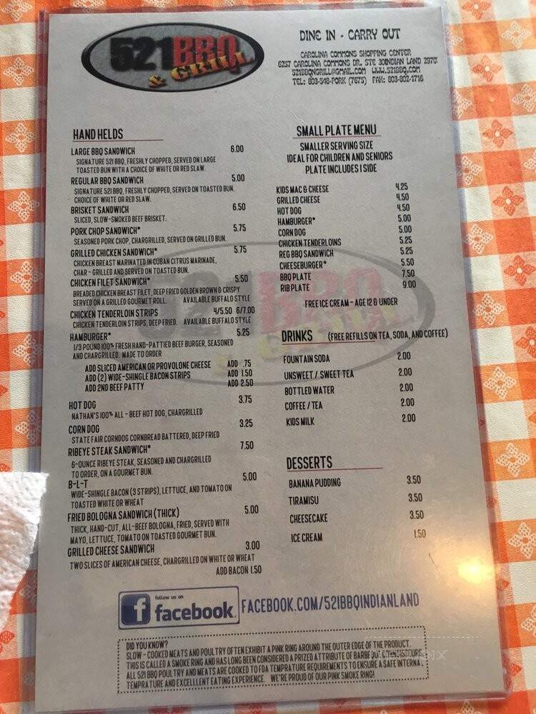521 BBQ - Indian Land, SC menu_pic