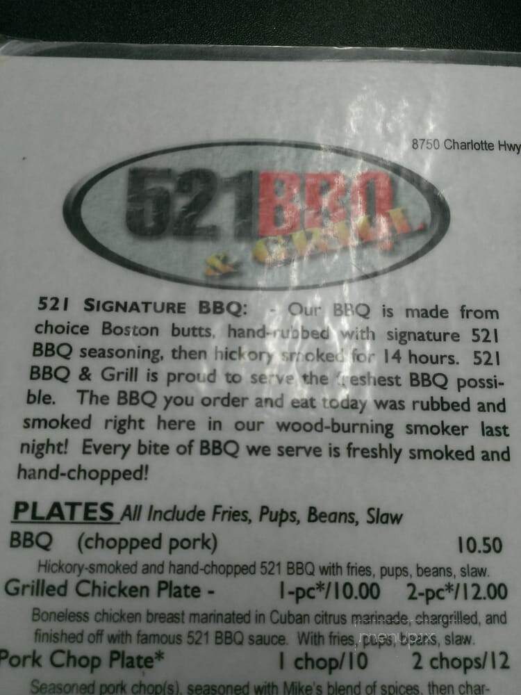 521 BBQ - Indian Land, SC menu_pic