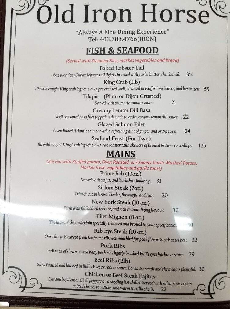 Old Iron Horse Restaurant & Lounge - Ponoka, AB menu_pic