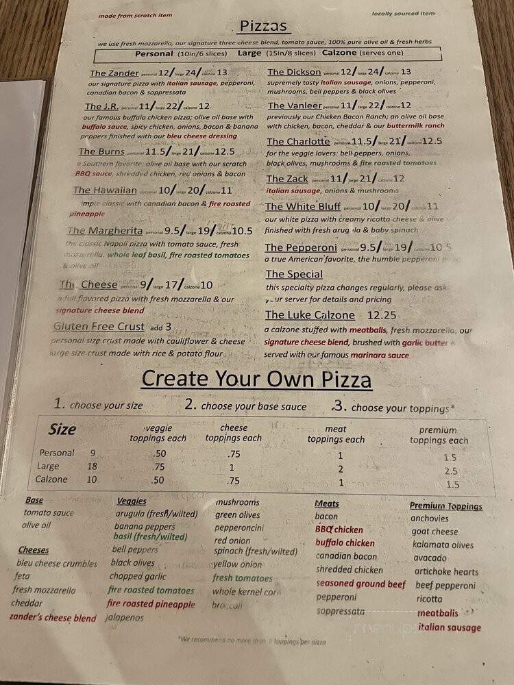Zander's Woodfired Pizza - Dickson, TN menu_pic