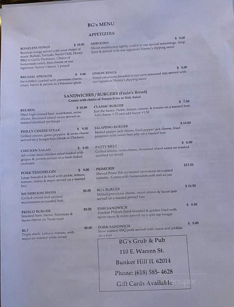 BG's Grub & Pub - Bunker Hill, IL menu_pic