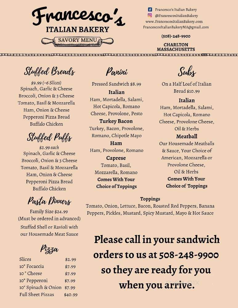 Francesco's Italian Bakery - Charlton, MA menu_pic