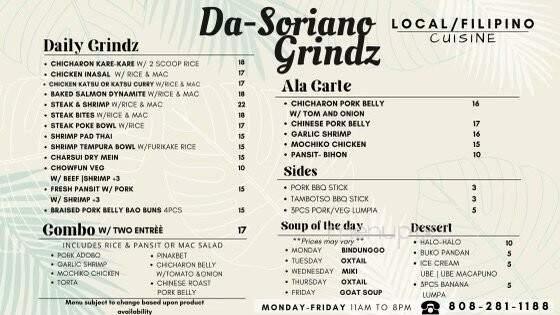 Da Soriano Grindz - Lahaina, HI menu_pic