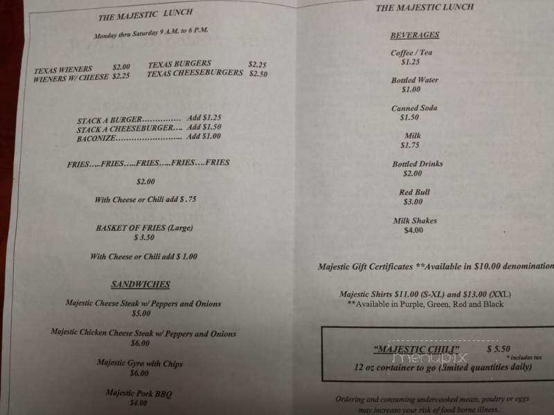 Majestic Lunch - Pittston, PA menu_pic