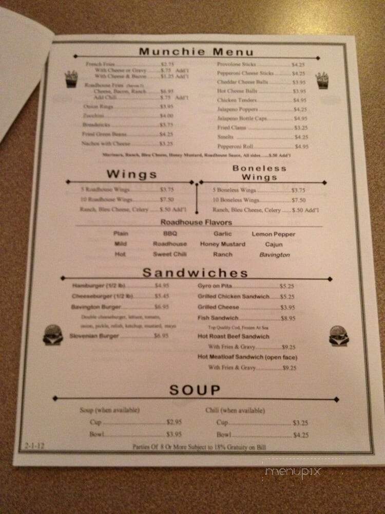Bavington Inn - Burgettstown, PA menu_pic