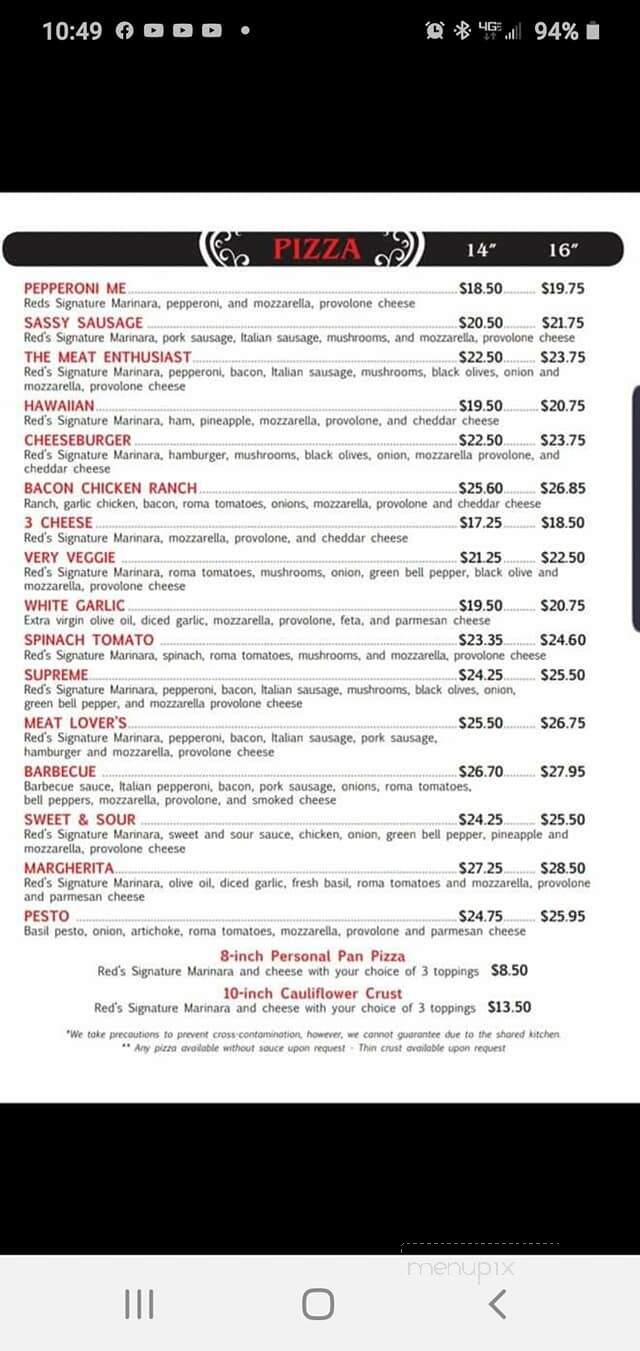 Red's Pizzeria - Eureka Springs, AR menu_pic