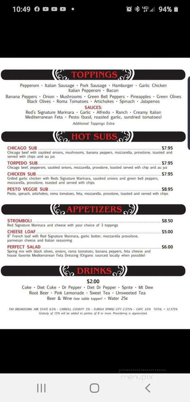Red's Pizzeria - Eureka Springs, AR menu_pic