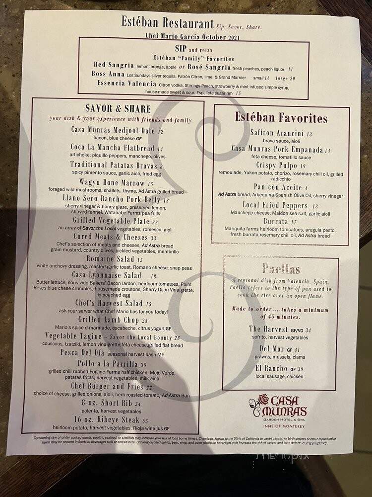 Esteban Restaurant at the Casa Munras Hotel - Monterey, CA menu_pic