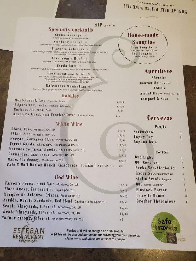 Esteban Restaurant at the Casa Munras Hotel - Monterey, CA menu_pic