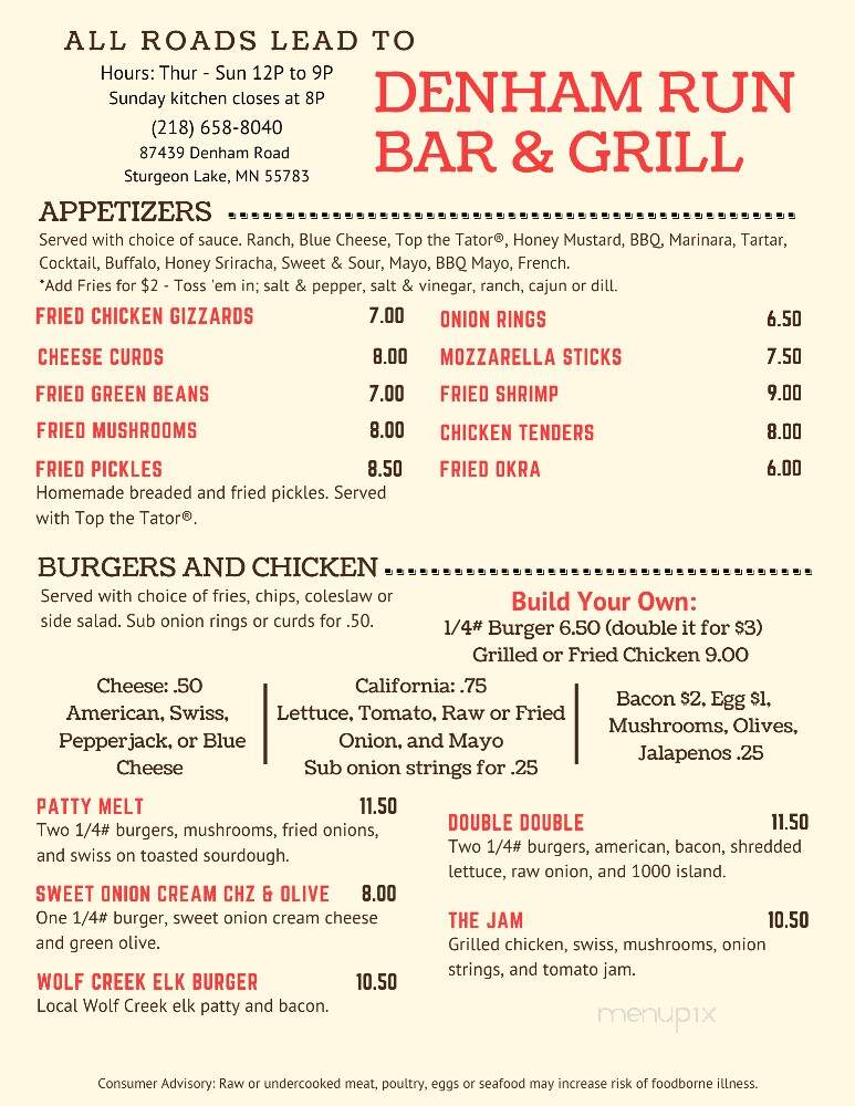 Denham Run Bar & Grill - Sturgeon Lake, MN menu_pic