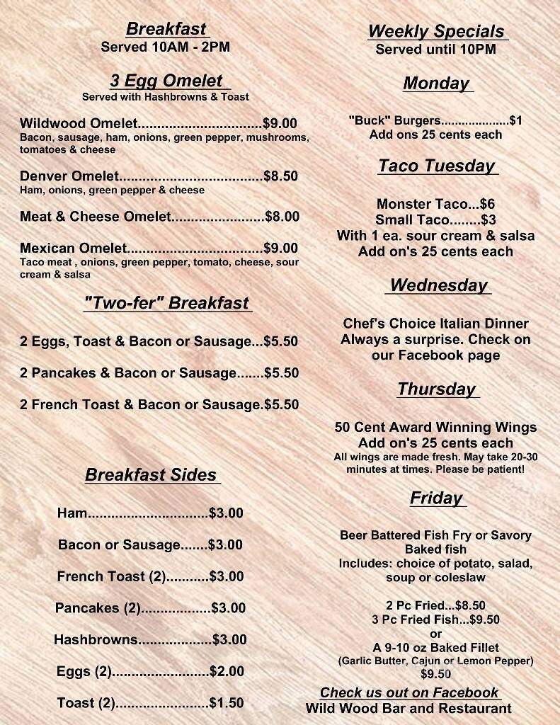 Wildwood Bar & Restaurant - Woodville, WI menu_pic