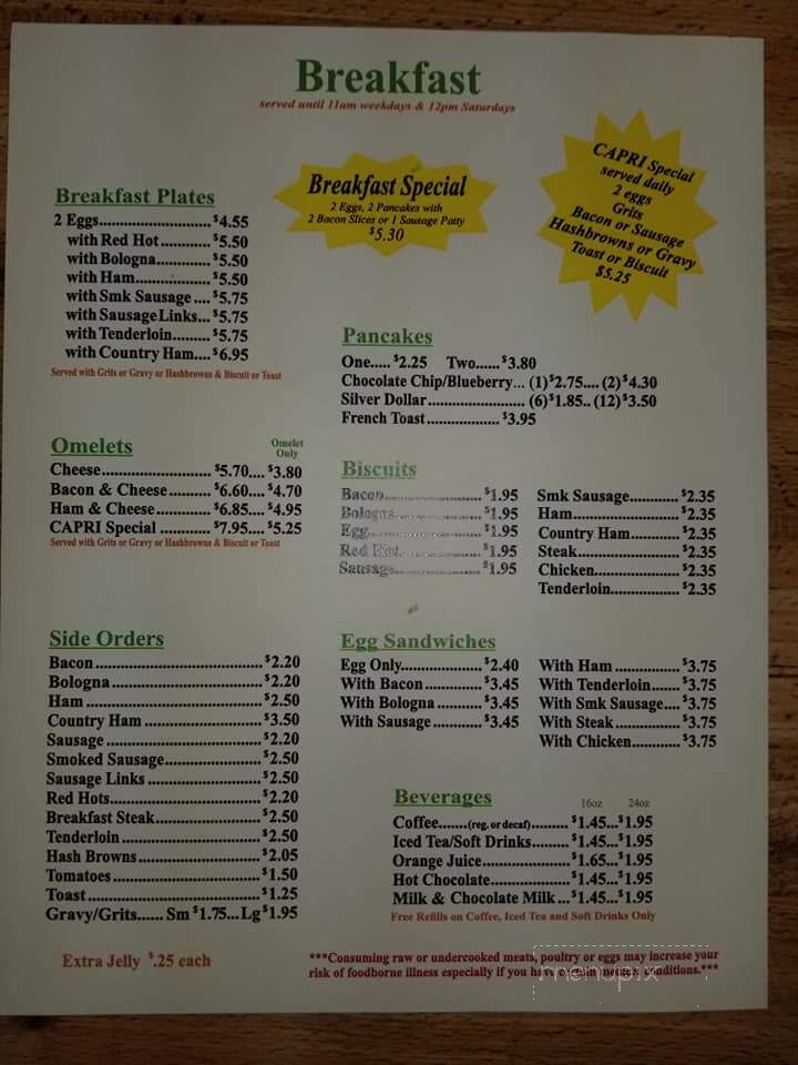 Capri Restaurant - Cartersville, GA menu_pic