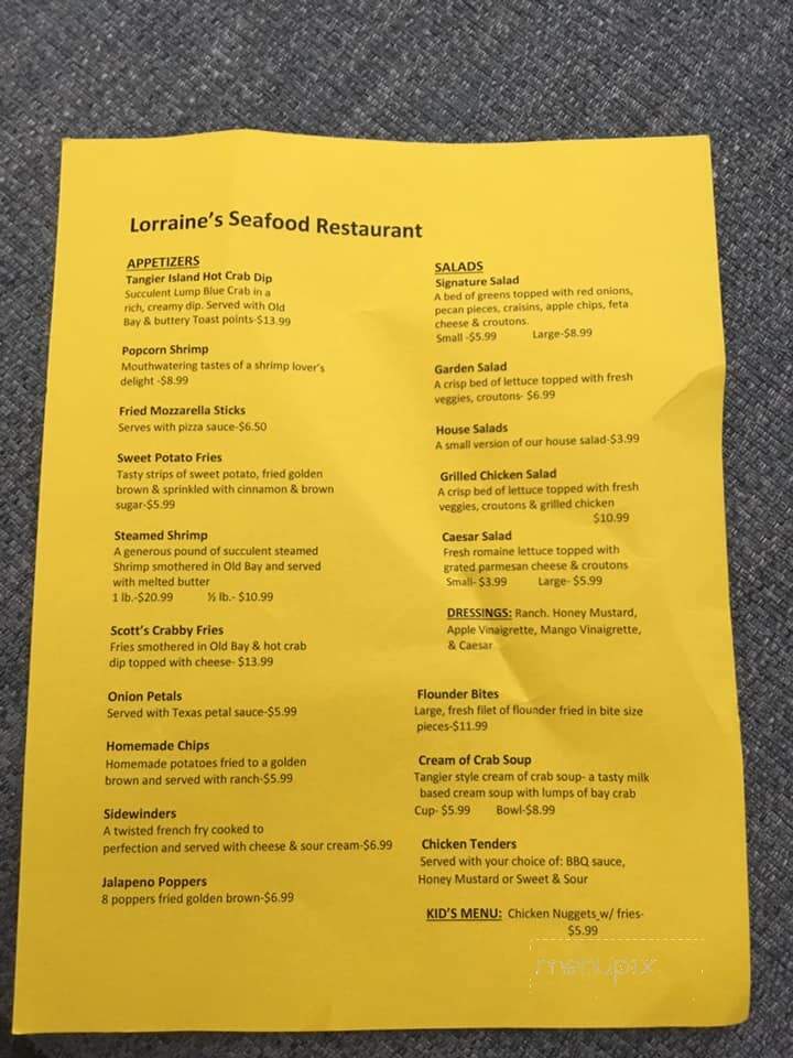 Menu of Lorraine's Snack Bar in Tangier, VA 23440