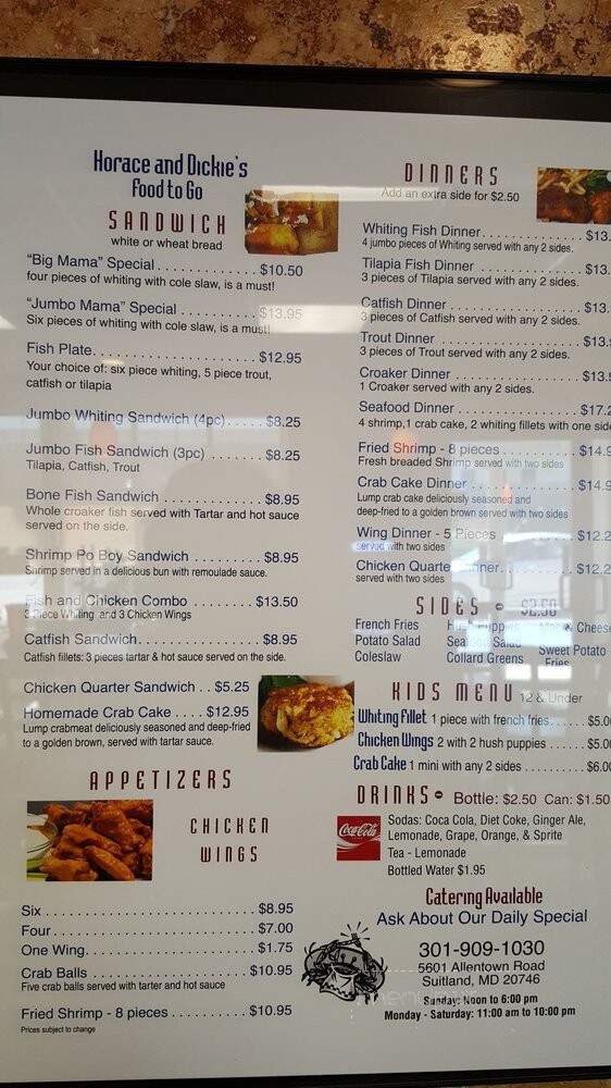 Horace & Dickie's Seafood - Suitland, MD menu_pic