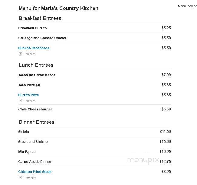 Maria's Country Kitchen - Texline, TX menu_pic