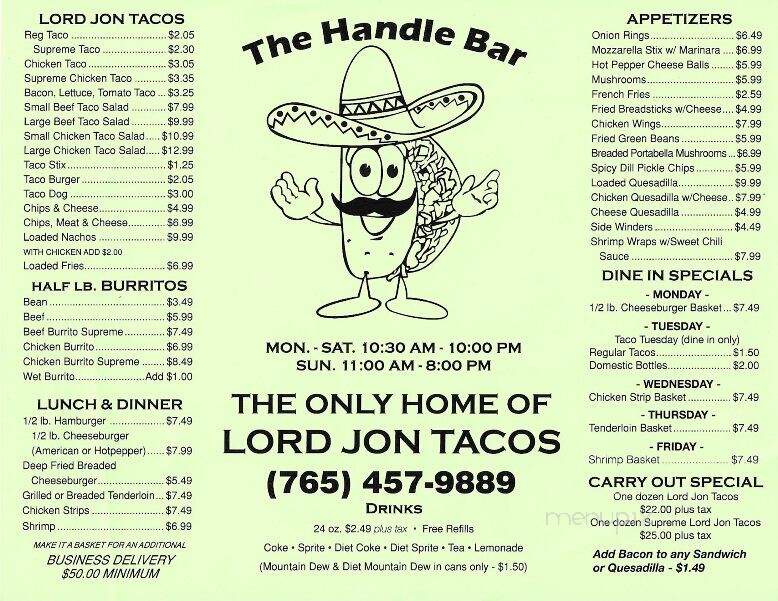 Handle Bar - Kokomo, IN menu_pic