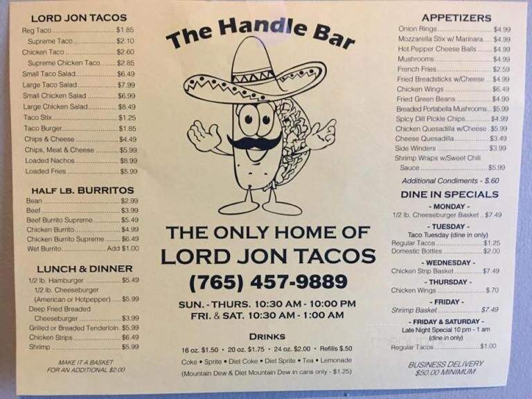 Handle Bar - Kokomo, IN menu_pic