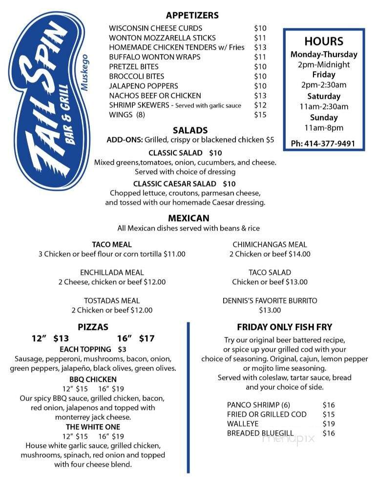 Tail Spin Bar & Grill - Muskego, WI menu_pic