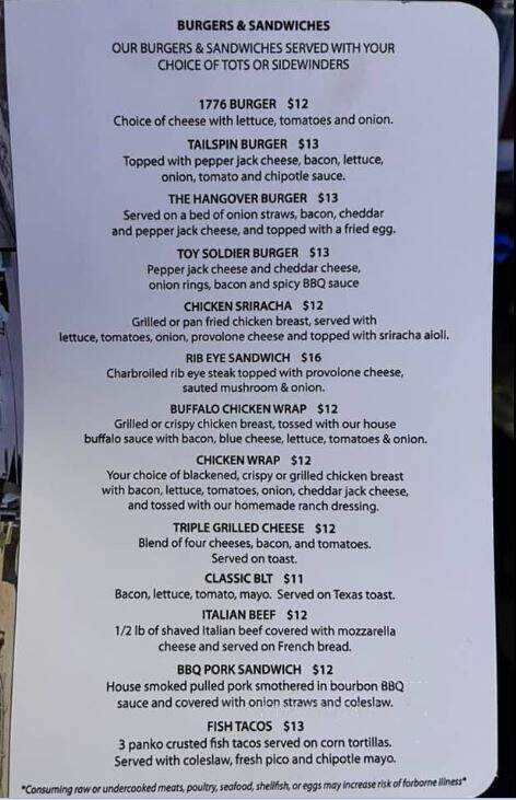 Tail Spin Bar & Grill - Muskego, WI menu_pic