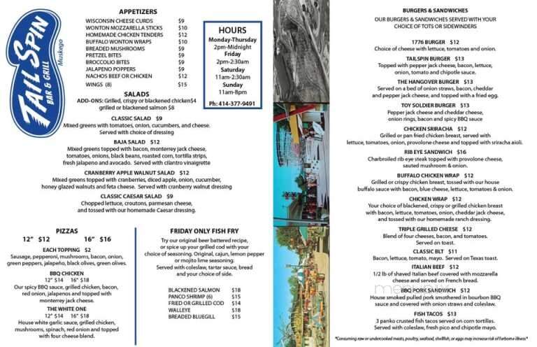 Tail Spin Bar & Grill - Muskego, WI menu_pic